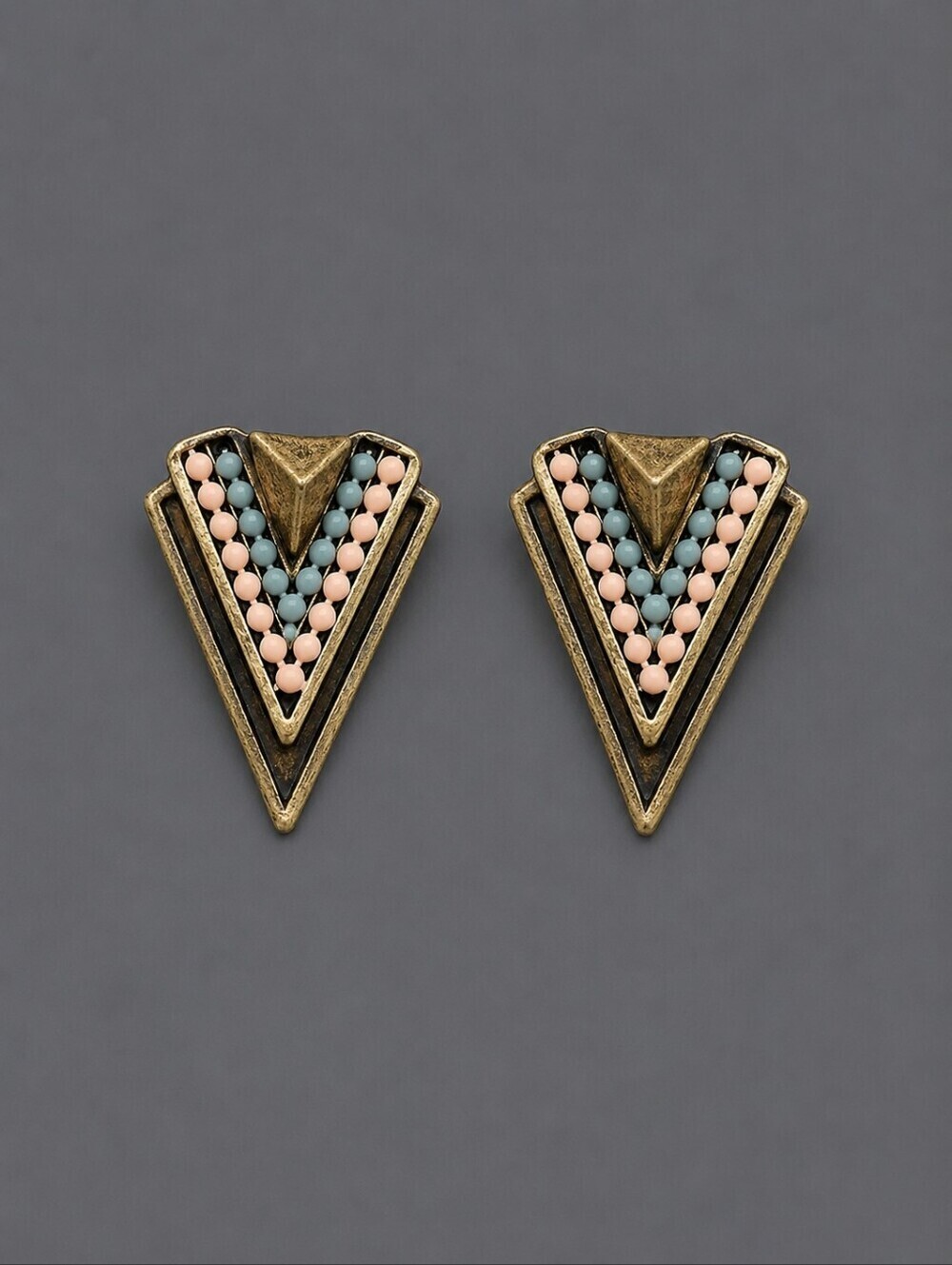 3/$30 Antique Brass Peach Beaded Triangle Spike Post Earrings